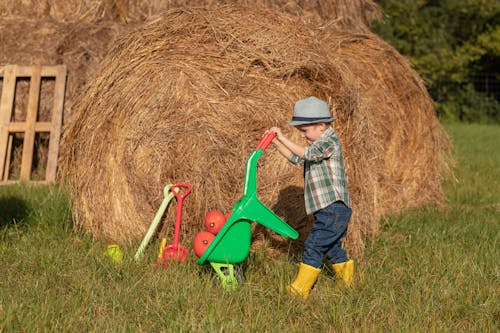 Cute Boy Playing with Toy Wheelbarrow on Field