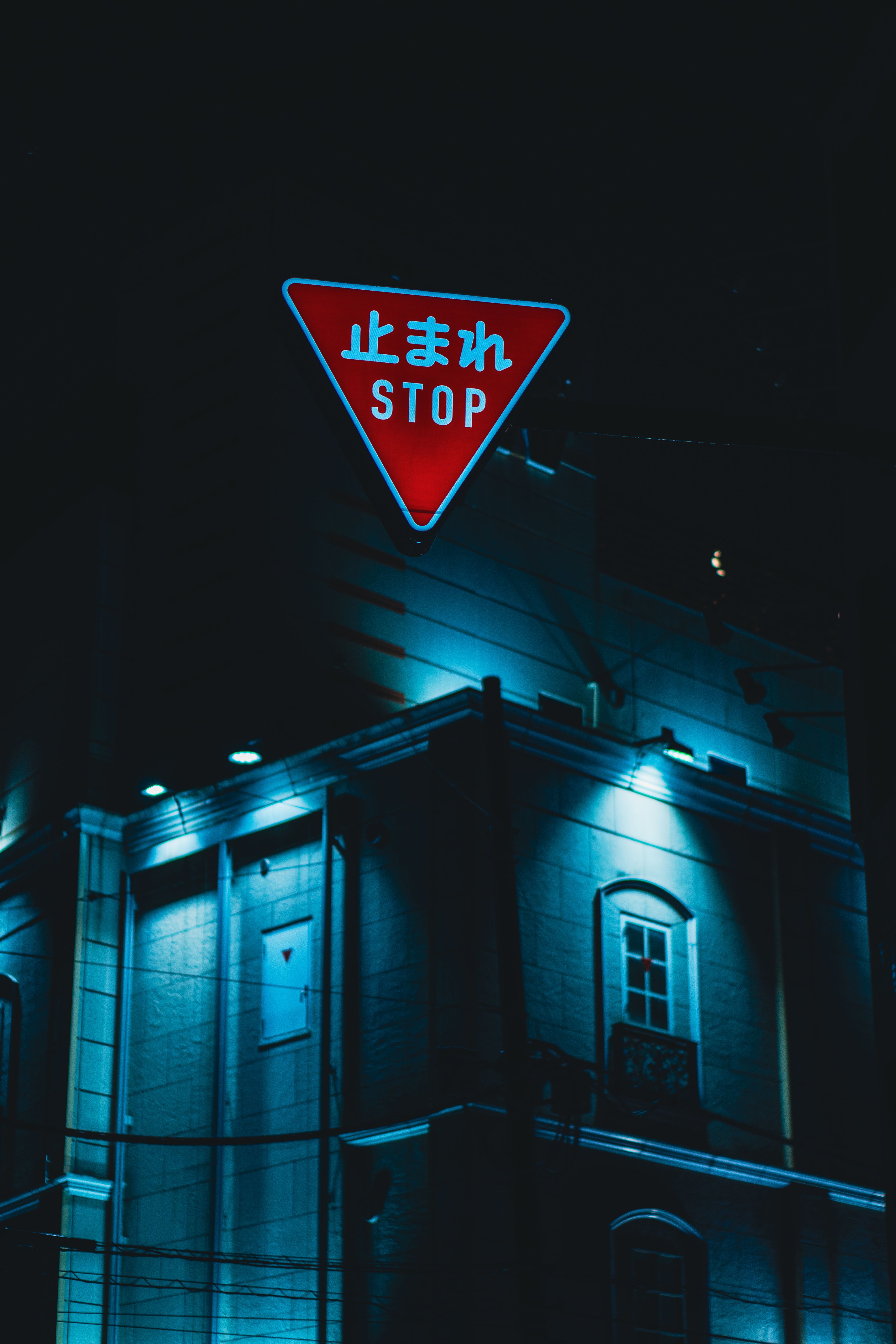 Stop Sign on Red Triangle in City at Night · Free Stock Photo