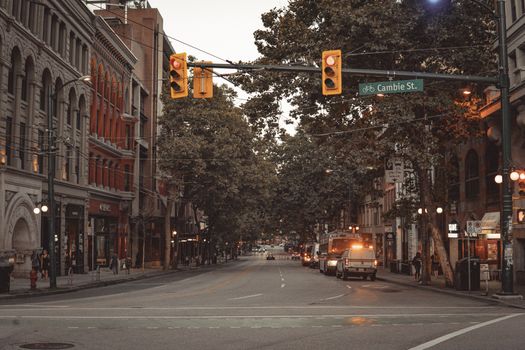 Urban Vancouver view with Cambie Street sign and autumn vibes.