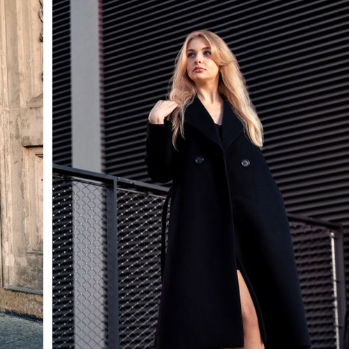 Free Stylish woman in a black coat poses confidently against an urban background. Stock Photo