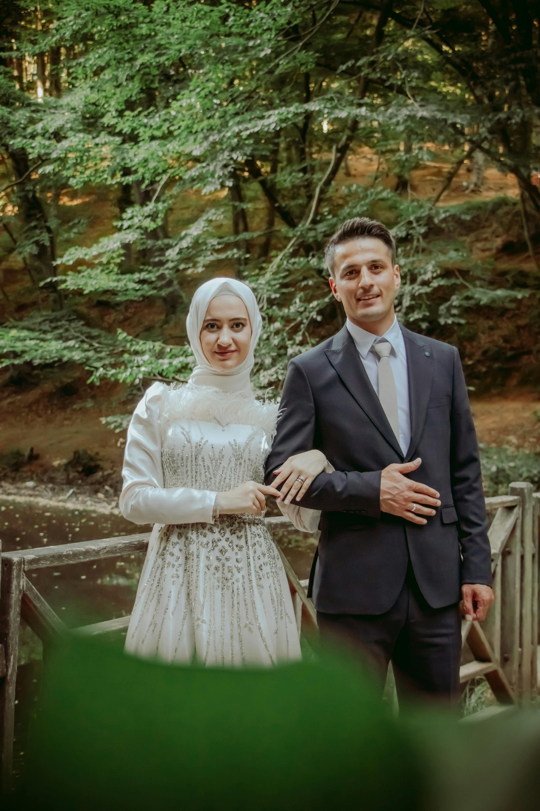 newlywed couple standing