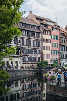 Picturesque half-timbered houses lining a canal in Strasbourg, France.