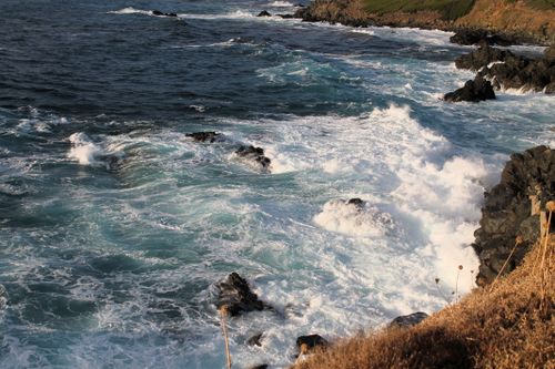 Free Captivating view of waves crashing over a rocky coastline under the warm daylight. Stock Photo