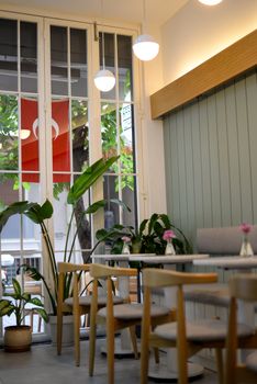 Stylish restaurant interior with wooden chairs, plants, and large windows.