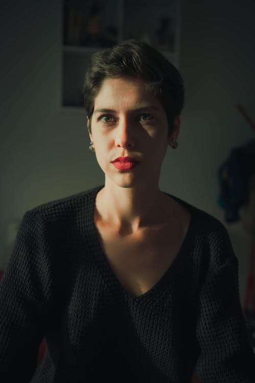 Woman Wearing V-neck Shirt an and With Red Lipstick