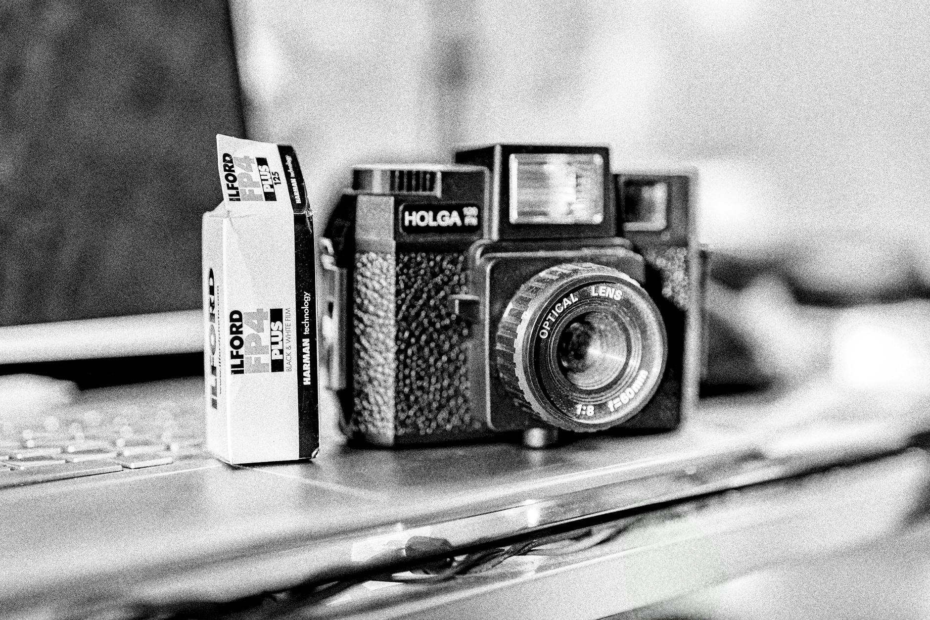 Black and white photo of a camera with Ilford film