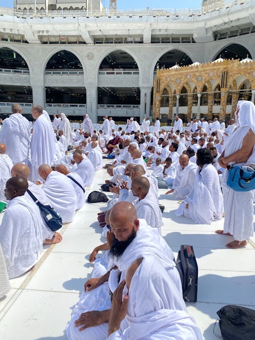 Worshippers Sitting in Grand Mosque in Mecca