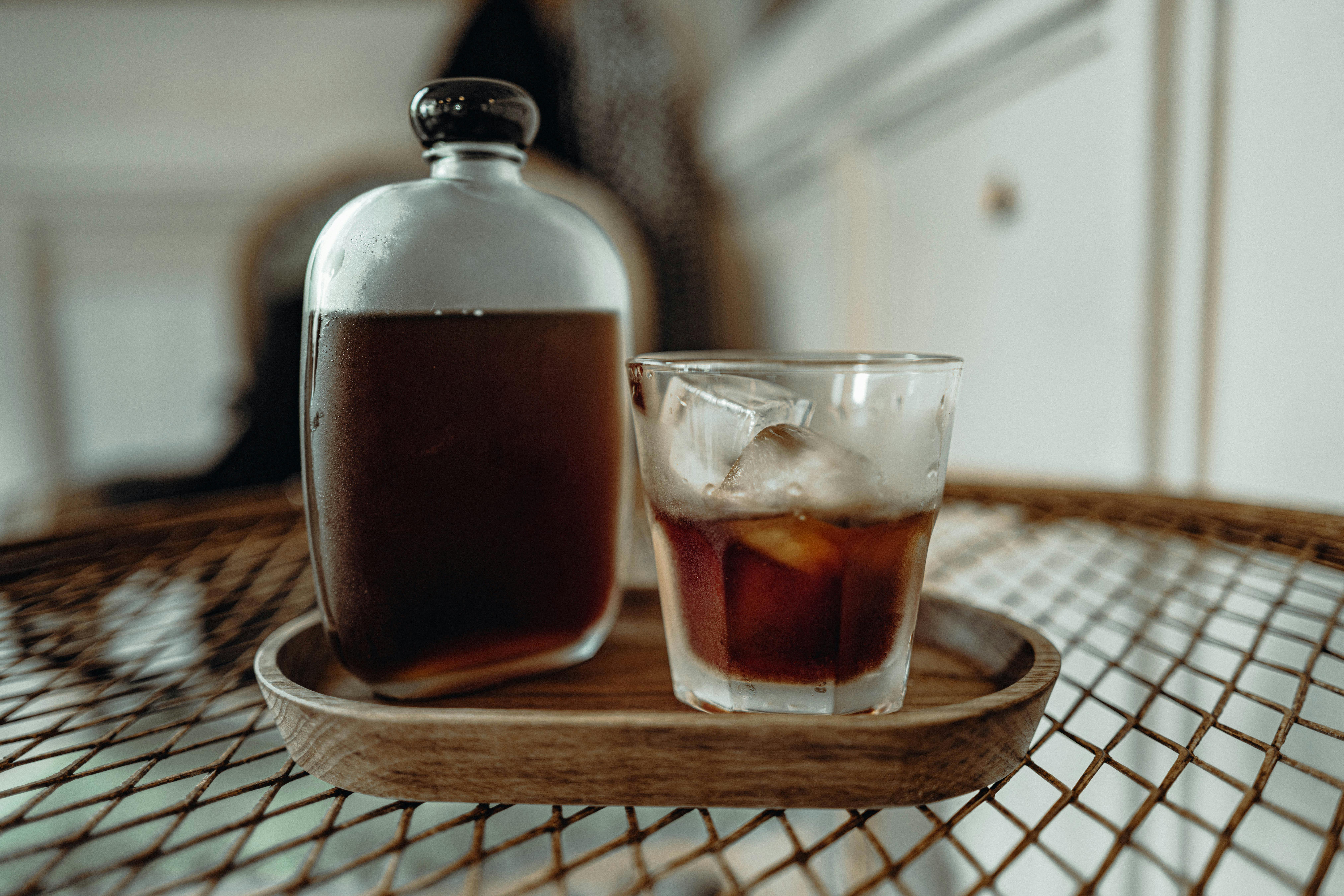 Cold brew coffee served over ice in a glass