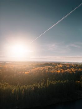 Breathtaking aerial view of sunrise over a vibrant autumn forest in Latvia with visible contrail.