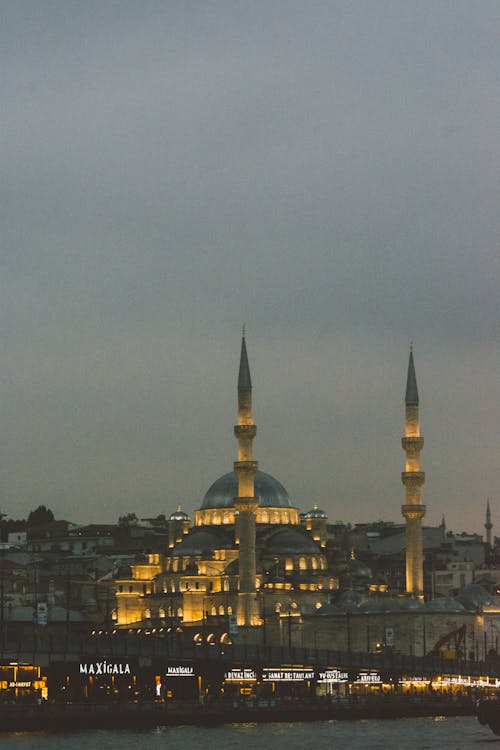 View of Illuminated New Mosque, Istanbul, Turkey 