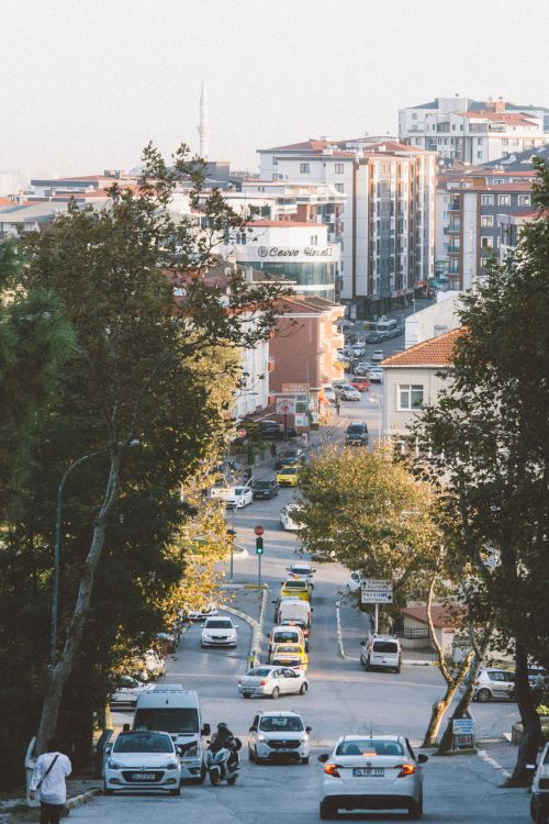 Free Vibrant city street scene with traffic, trees, and buildings under a clear sky. Stock Photo