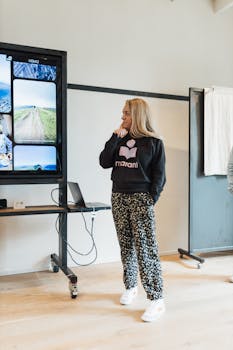 Woman presenting with a stylish casual outfit in a modern office environment.