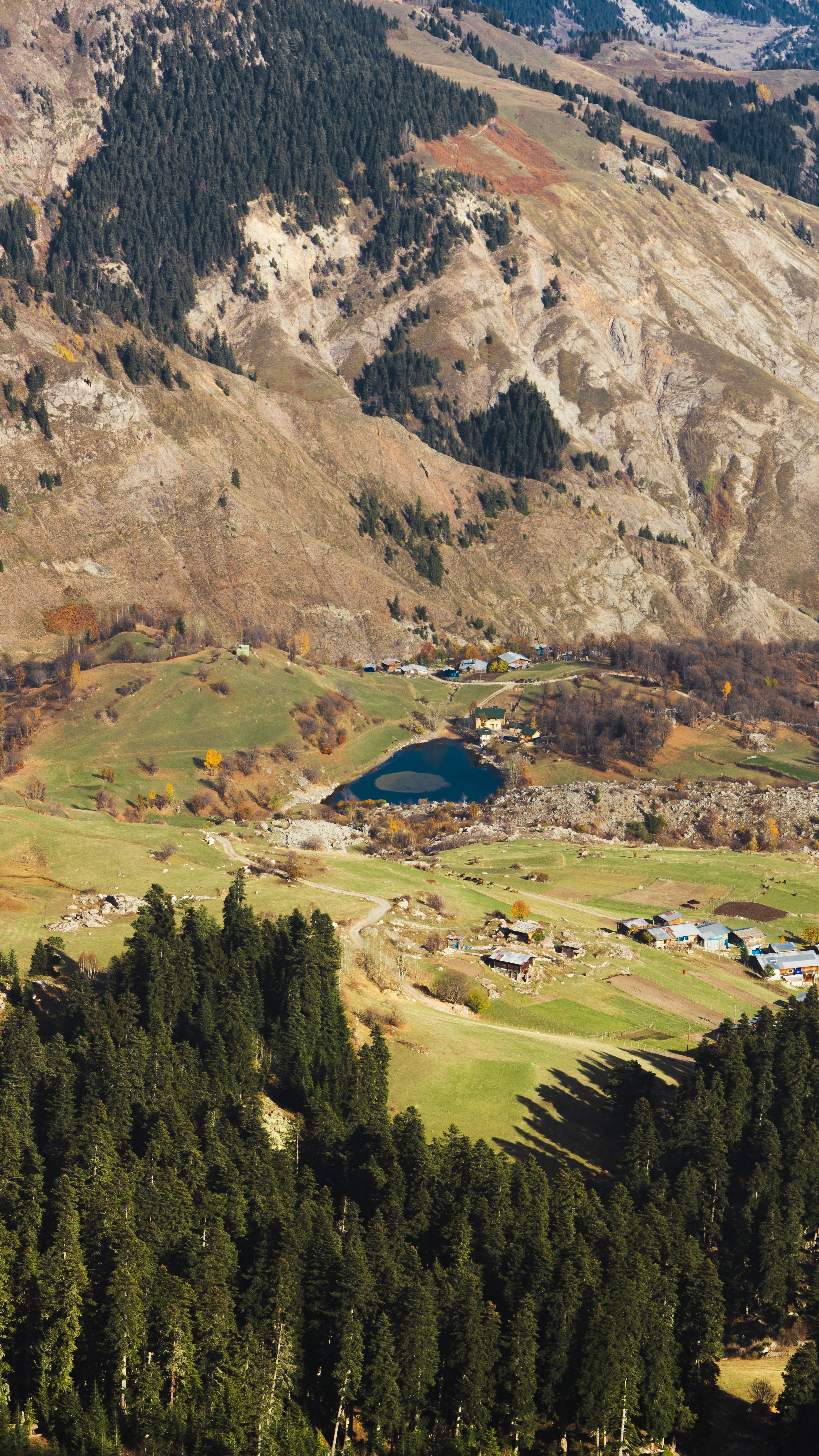Stunning aerial view of a tranquil lake surrounded by lush forests and majestic mountains.