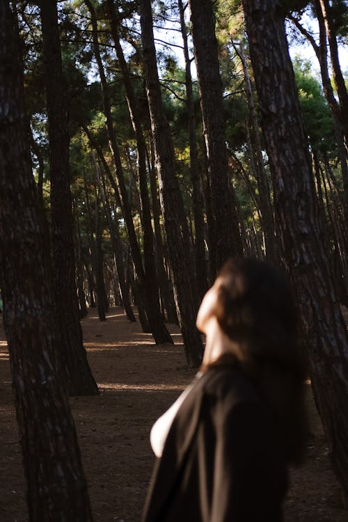 A woman standing in the middle of a forest