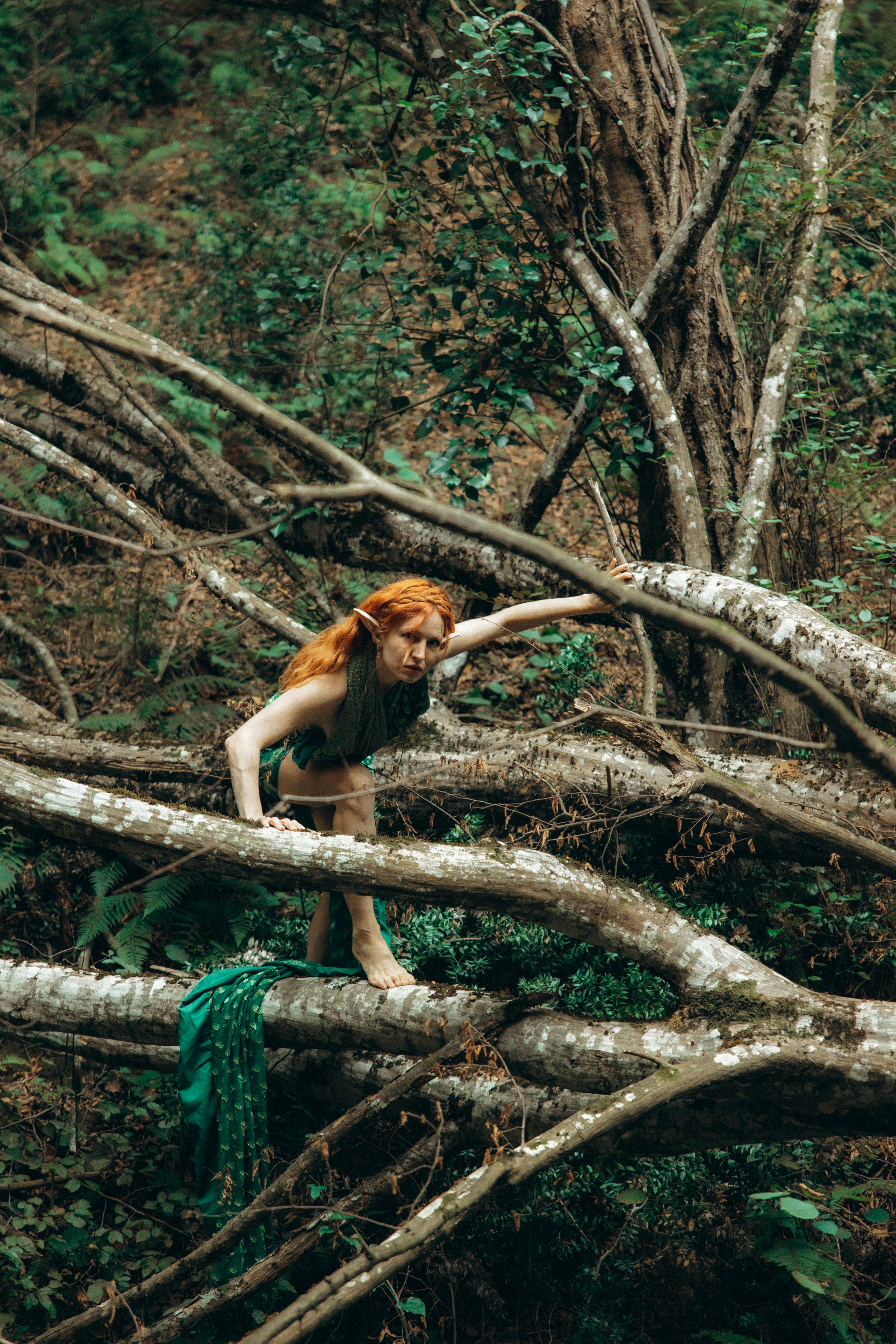 a woman is climbing up a tree