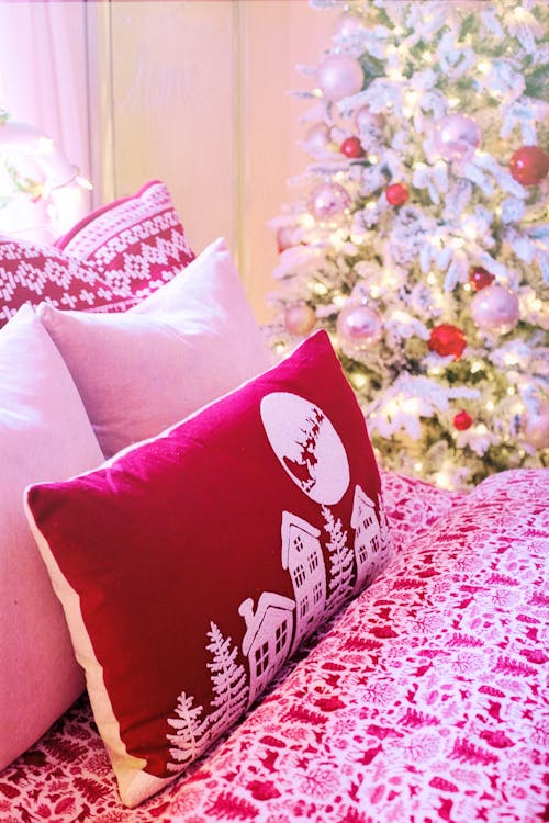 Pillows on Bed for Christmas