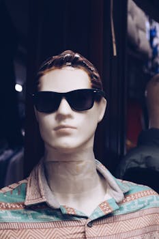 A fashionable mannequin wearing sunglasses and a patterned shirt in a store display.