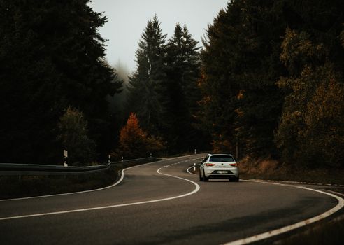 A silver car navigates a winding road through a misty autumn forest, evoking a sense of adventure and travel.