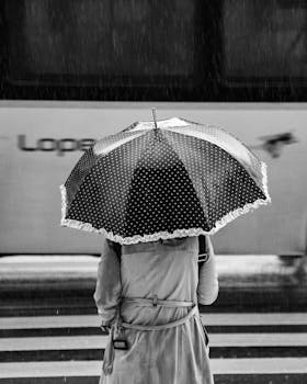 Person with umbrella waiting at crosswalk in rainy Buenos Aires city street.