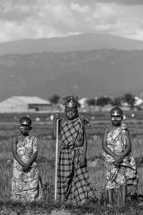 African Children on a Field in Black and White