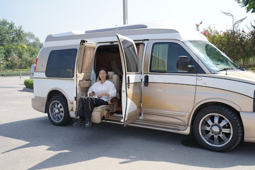 A woman enjoying comfort in a luxurious minivan with open doors during a road trip.