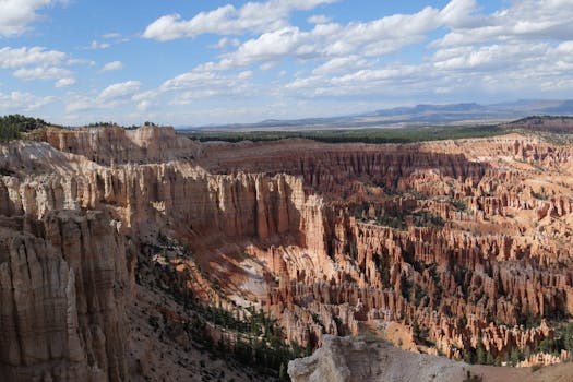 Breathtaking view of Bryce Canyon's unique rock formations under a cloudy blue sky, USA.