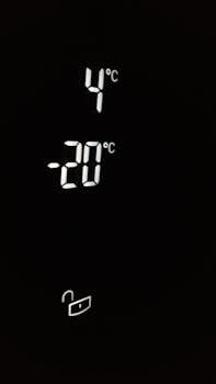 Close-up of electronic screen showing 4°C and -20°C in white digits