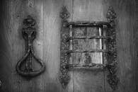 黑白特写镜头中，一扇木门上有一个老式锻铁门环和锁