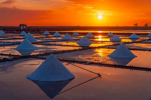Sunset at The Jingzaijiao Tile-paved Salt Fields in China