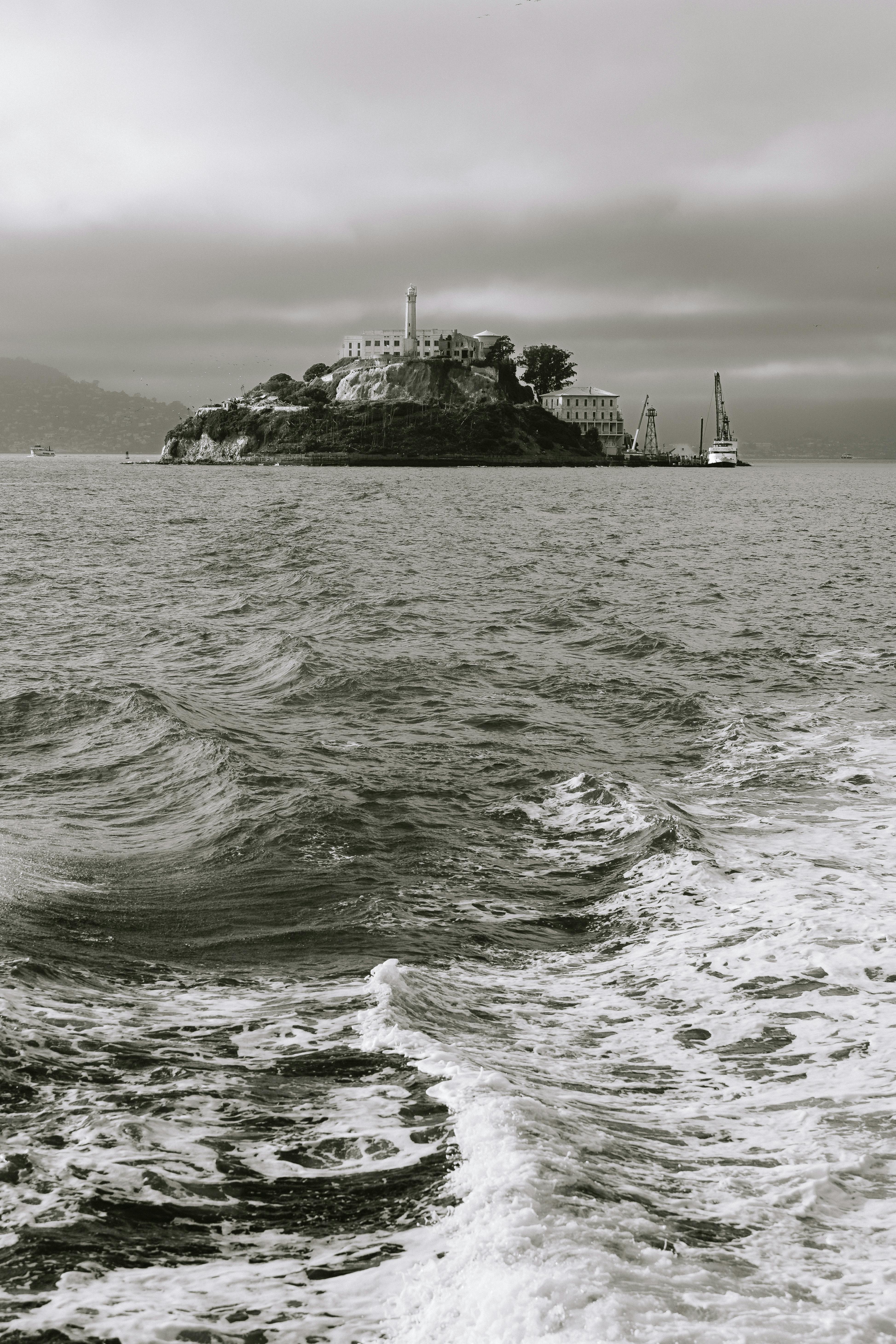 black and white shot of the island of alcatraz san francisco usa