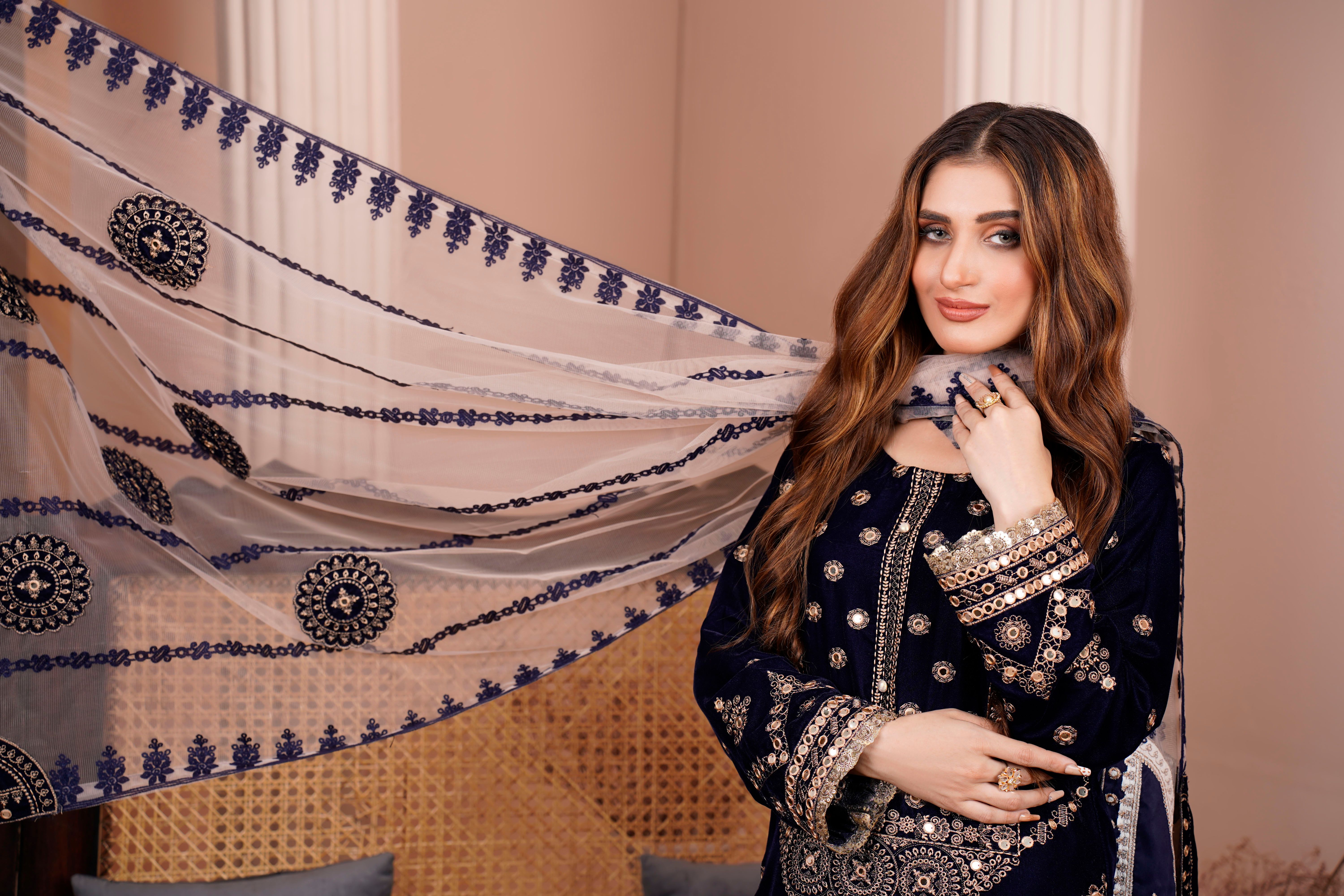Stylish woman posing in elegant, traditional embroidered attire, showcasing beauty and fashion.