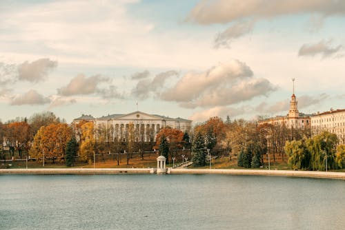 View of the Svisloch River in Yanka Kupala Park in Autumn, Minsk, Belarus 