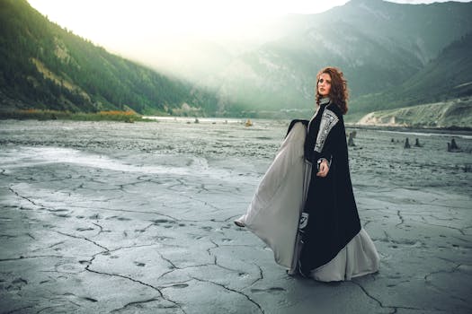 A woman in traditional dress standing on cracked mud with mountains in the background, creating a dramatic scene.