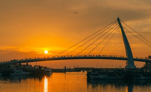 Crowd on Lovers Bridge Over Tamsui Fishermans Wharf at Sunset