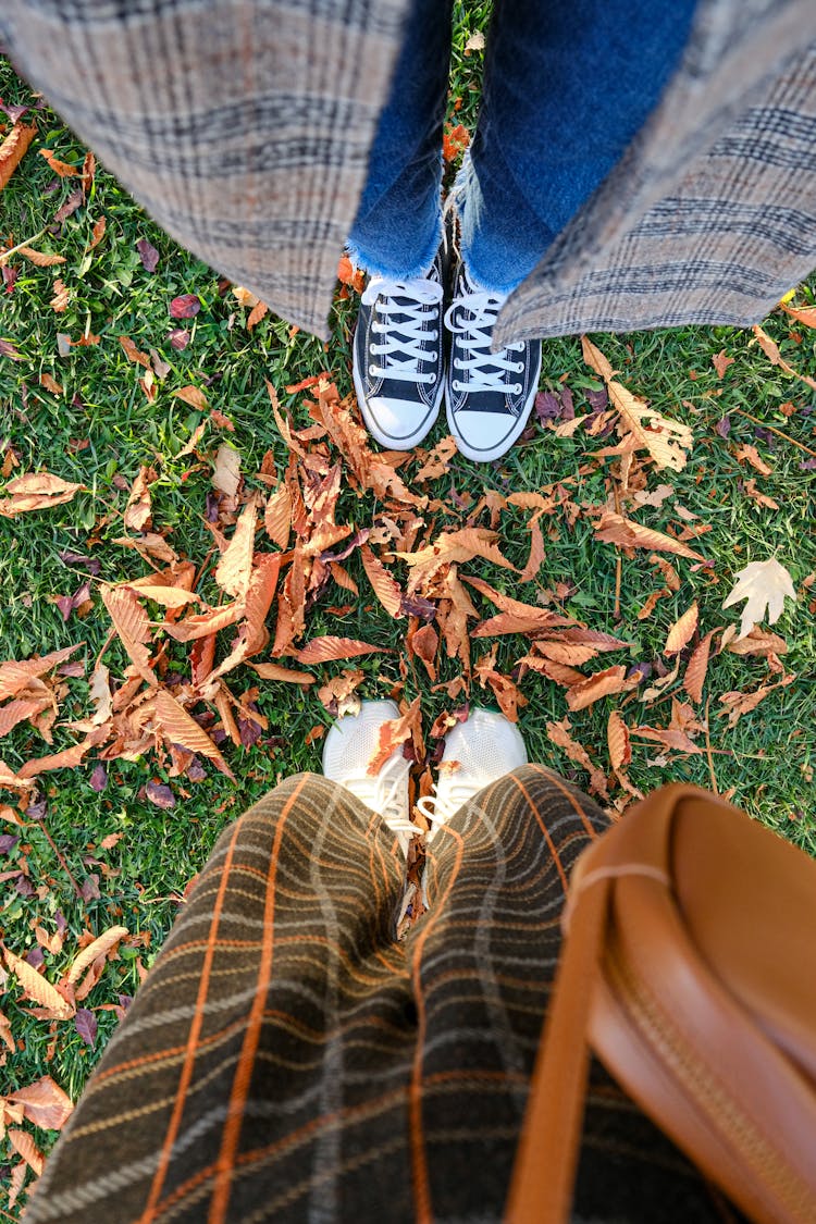 Two People Looking At Their Feet Standing On Grass