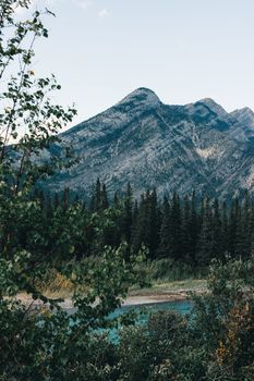 Elevated view of a mountain surrounded by lush forest in Kananaskis, Alberta, Canada.