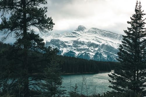Free Snow-capped mountains and evergreen forest by a serene lake in Banff, Canada. Stock Photo