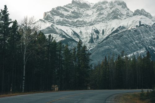 Free Breathtaking view of a snowy mountain peak surrounded by dense evergreen forest in Banff, Canada. Stock Photo