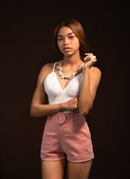Stylish model posing in a studio photo shoot with necklace and trendy fashion.
