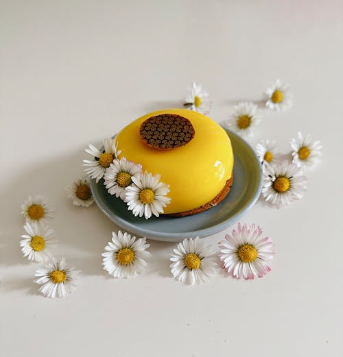 A Cupcake on a Plate Decorated with Chamomiles