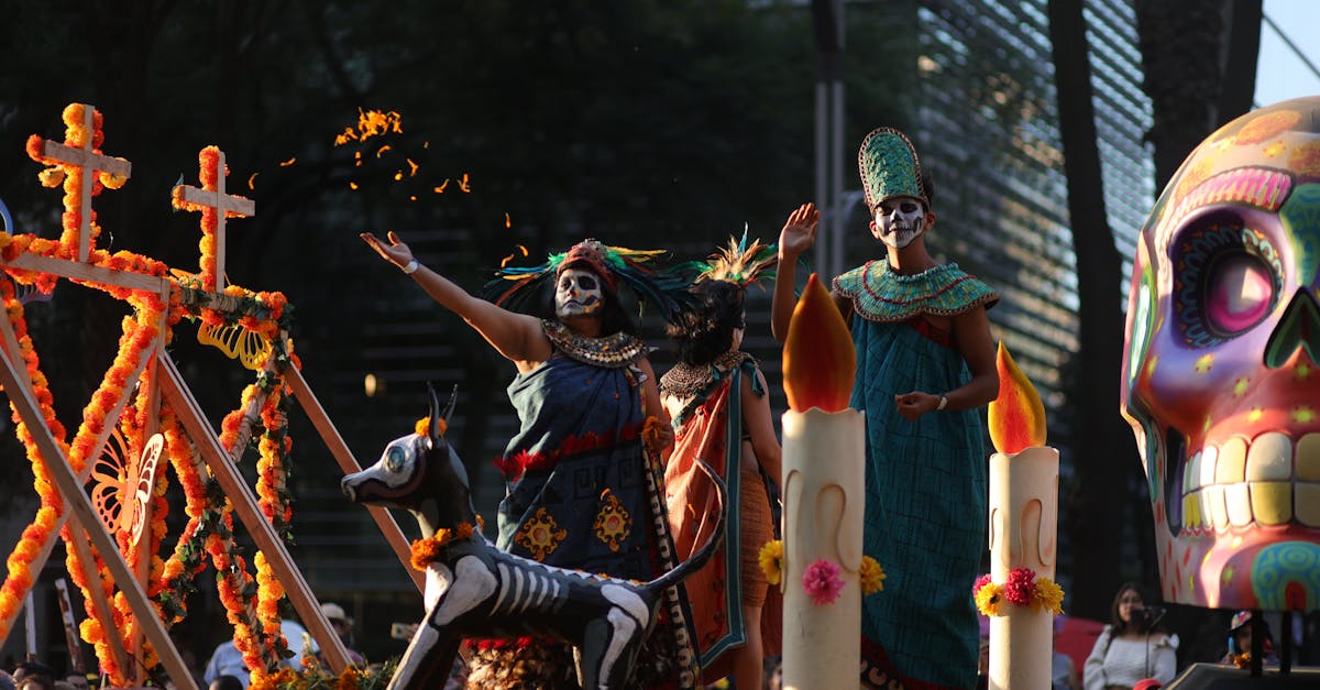 A group of people dressed in costumes and holding a float