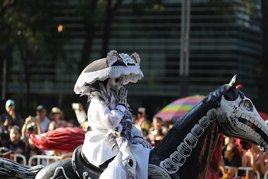 Colorful costumes at a Day of the Dead parade in Mexico City, capturing cultural celebration.
