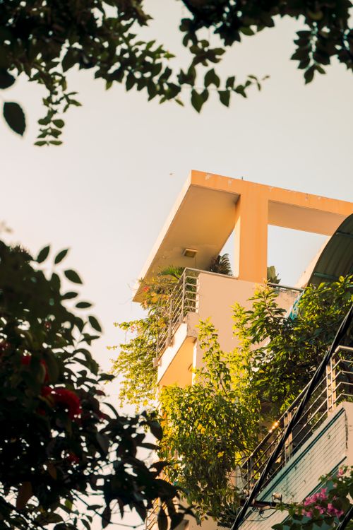 Free A modern balcony adorned with lush plants against a bright sky, captured in an urban setting. Stock Photo