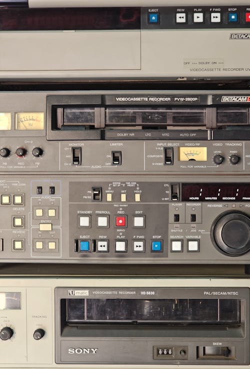 Close-up of Vintage Videocassette Recorders