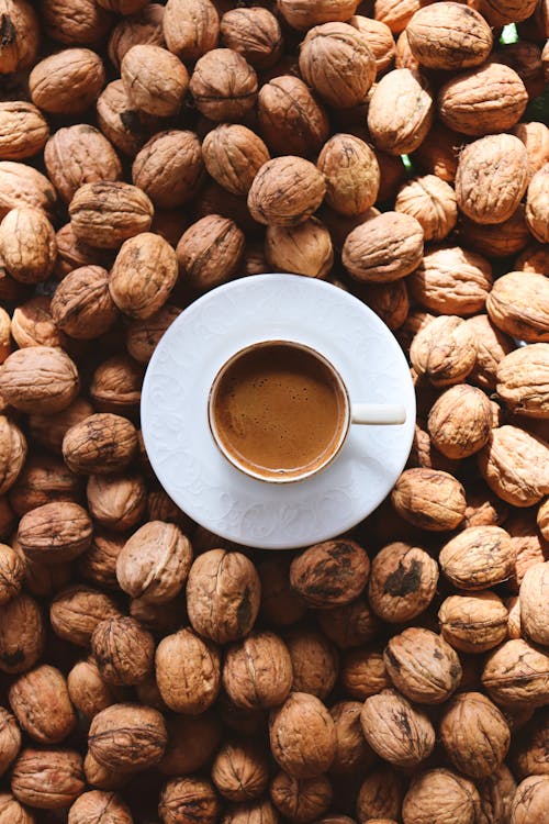 Top View of a Cup of Coffee Standing among Walnuts 
