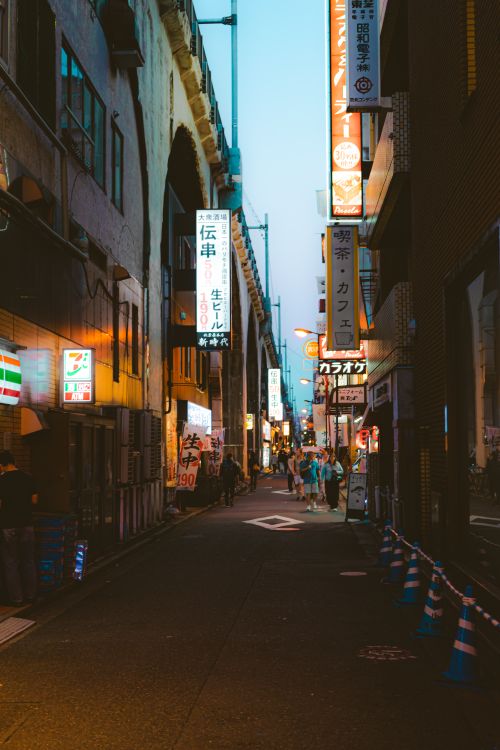 Free A vibrant street in Ōsaka, Japan, illuminated with neon signs and streetlights during dusk. Stock Photo