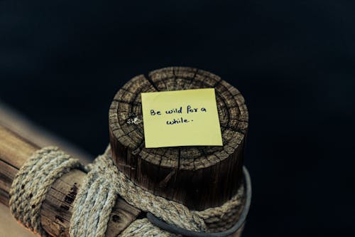 Close-up of a Note Lying on Top of a Wooden Pole 