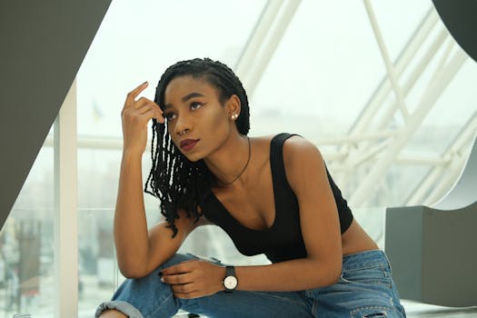 一位穿着休闲装的时尚年轻女子，在现代室内环境中若有所思地摆着姿势