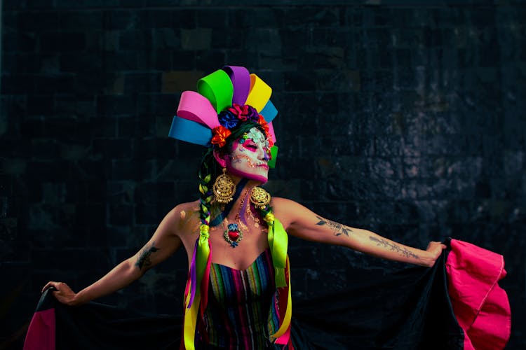 Catrina With Tattoos And In Colorful Wreath