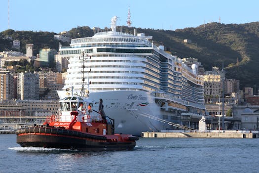 A majestic cruise ship docked at Genoa harbor with a tugboat nearby, showcasing maritime travel.